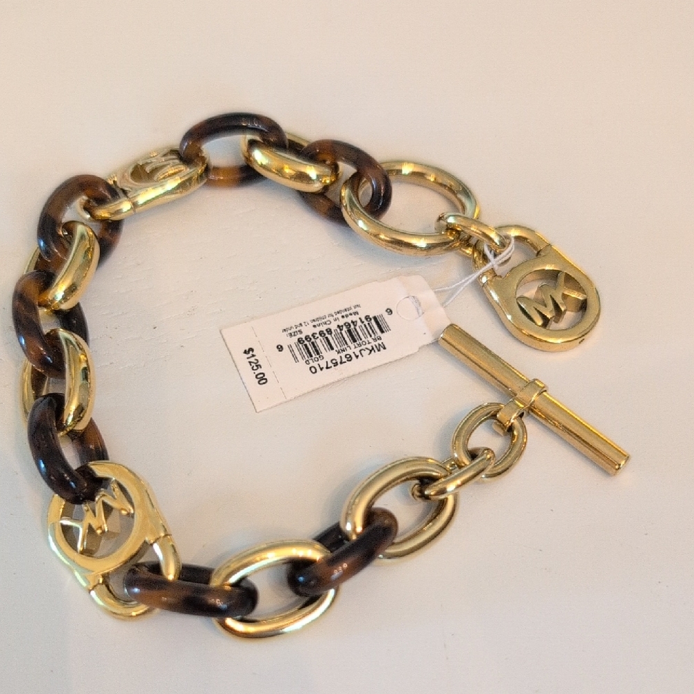 Michael Kors Gold and Brown Tortoise Link Chain Bracelet 8"